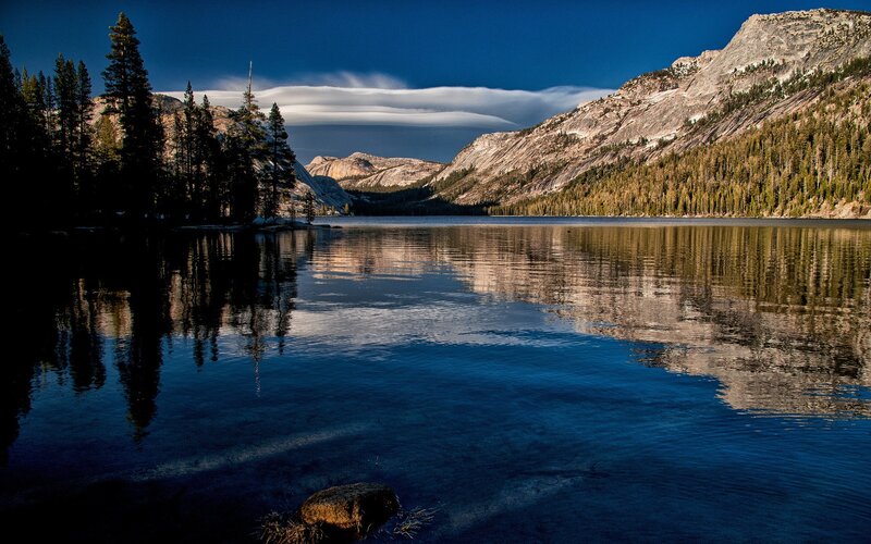 Lake with Mountain Reflection — Blue, Serene, Afternoon, Photograph, Mountains, Trees, Clouds, Green, Gray