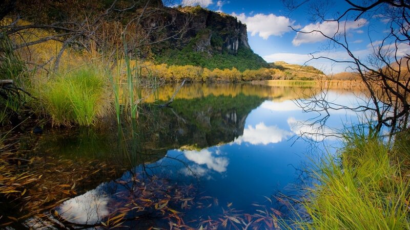 Lake with Mountain Reflection — Blue, Serene, Afternoon, Photograph, Trees, Sky, Green