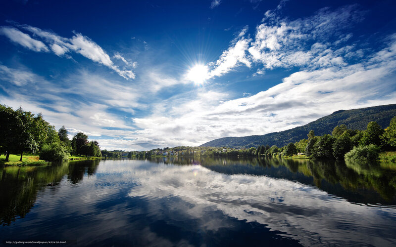 Lake with Mountain Reflection — Blue, Serene, Afternoon, Photograph, Trees, Sun, Green