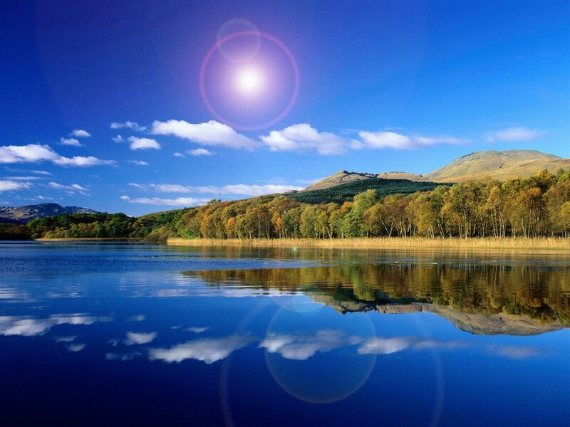 Lake with Mountain Reflection — Blue, Serene, Afternoon, Photograph, Trees, Sun, Green, Yellow