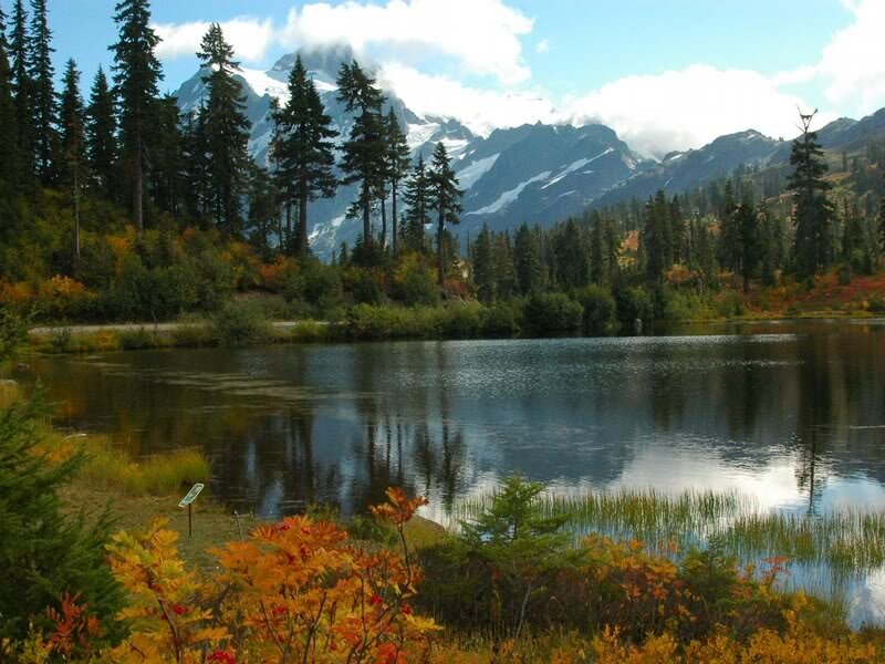 Lake with Mountain Reflection — Blue, Serene, Autumn, Photograph, Forest