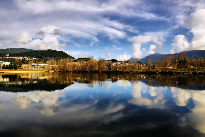 Lake with Mountain Reflection — Blue, Serene, Autumn, Photograph, Mountains, Clouds