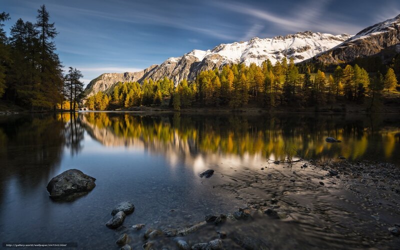 Lake with Mountain Reflection — Blue, Serene, Autumn, Photograph, Mountains, Trees, Rocks