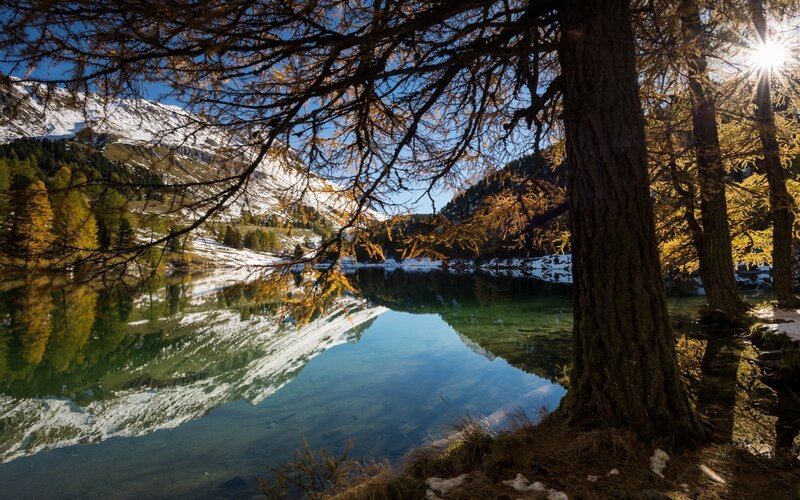 Lake with Mountain Reflection — Blue, Serene, Autumn, Photograph, Tree