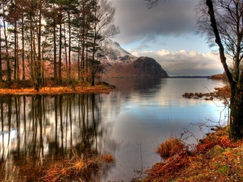 Lake with Mountain Reflection — Blue, Serene, Autumn, Photograph, Trees, Forest