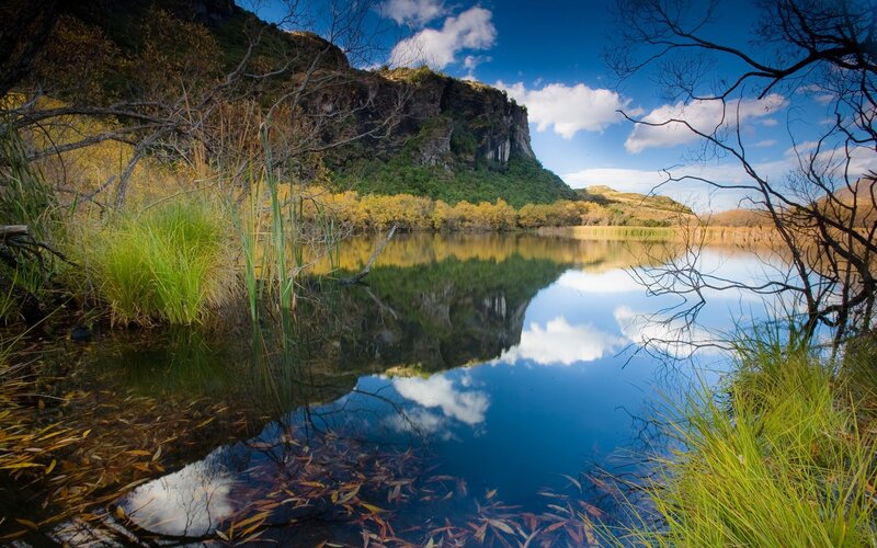 Lake with Mountain Reflection — Blue, Serene, Autumn, Photograph, Trees, Sky, Green, Yellow