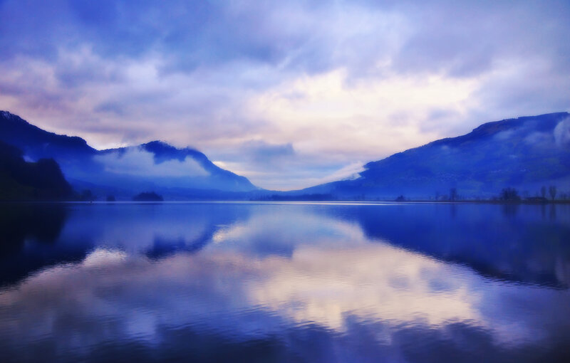 Lake with Mountain Reflection — Blue, Serene, Morning, Photograph, Mountains
