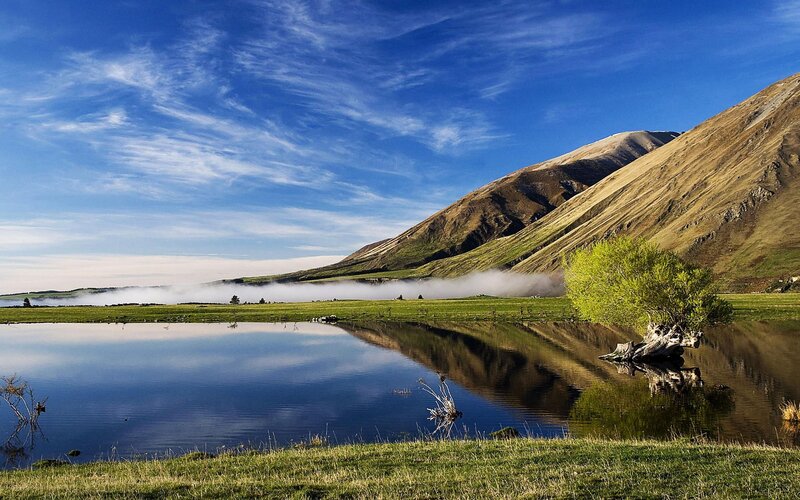 Lake with Mountain Reflection — Blue, Serene, Morning, Photograph