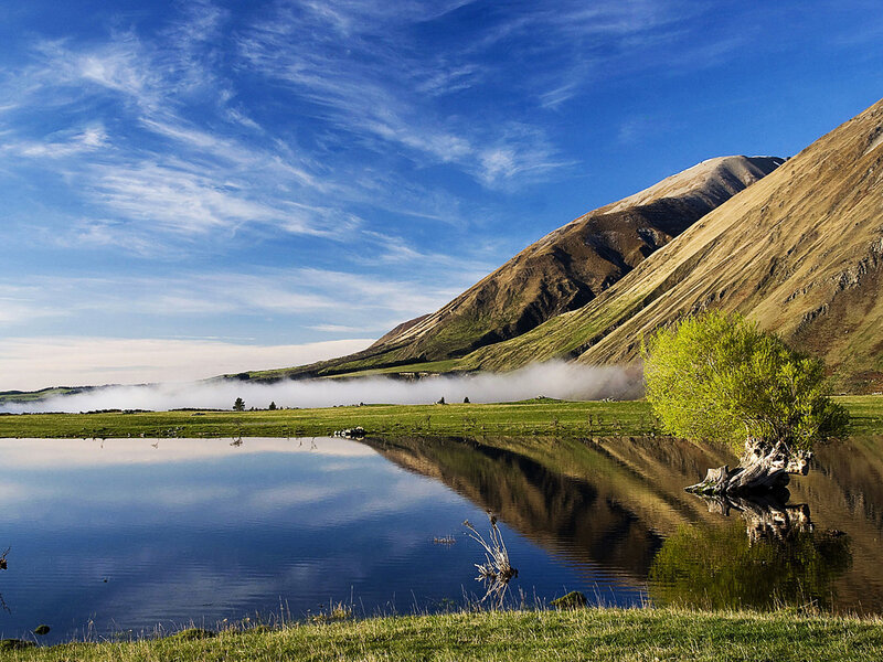 Lake with Mountain Reflection — Blue, Serene, Morning, Photograph, Tree