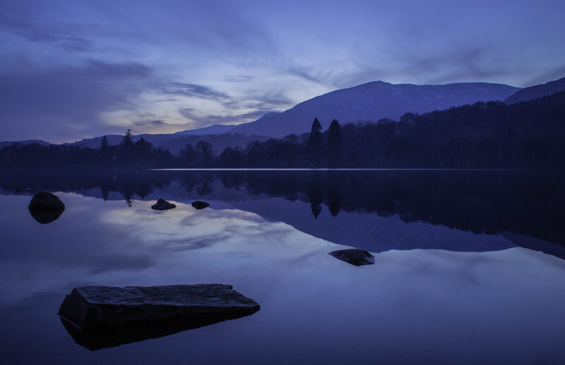 Lake with Mountain Reflection — Blue, Serene, Night, Photograph, Trees