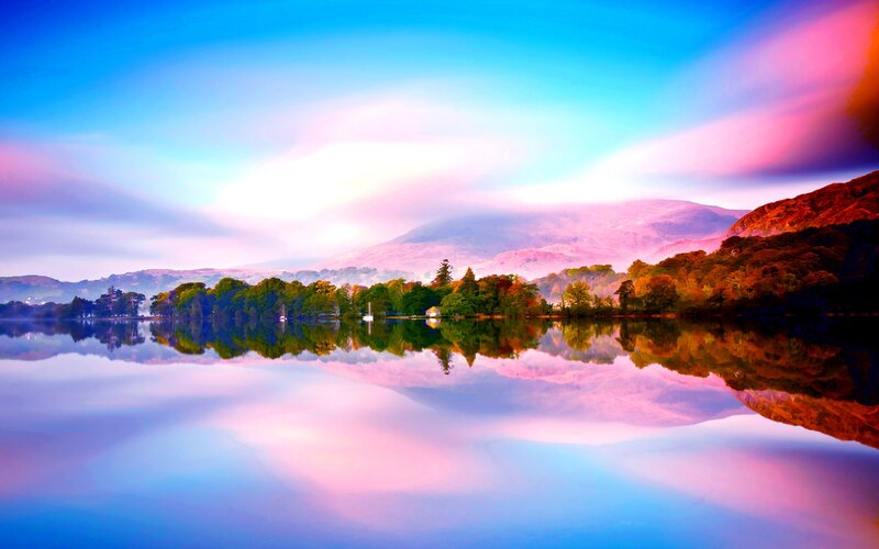 Lake with Mountain Reflection — Blue, Serene, Sunrise
