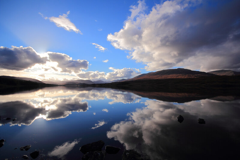 Lake with Mountain Reflection — Blue, Serene, Sunset, Photograph, Mountains, Clouds