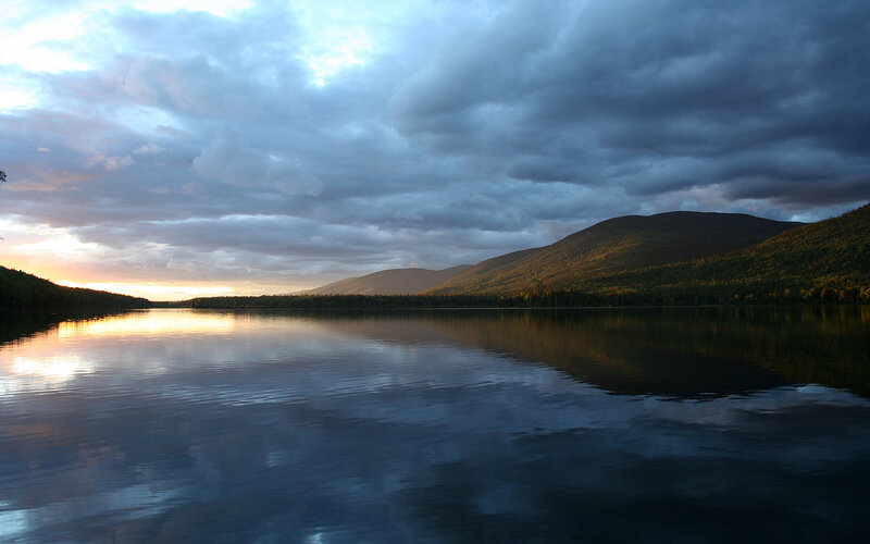 Lake with Mountain Reflection — Blue, Serene, Sunset, Photograph, Mountains, Forest