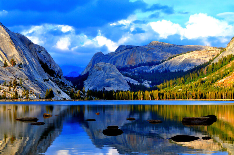 Lake with Mountain Reflection — Blue, Serene, Sunset, Photograph, Mountains, Trees