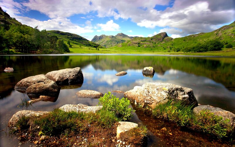 Lake with Mountain Reflection — Green, Serene, Afternoon, Photograph, Mountains, Rocks