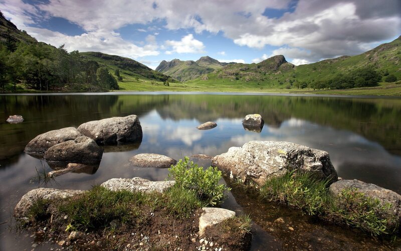 Lake with Mountain Reflection — Green, Serene, Afternoon, Photograph, Mountains, Rocks, Trees, Blue