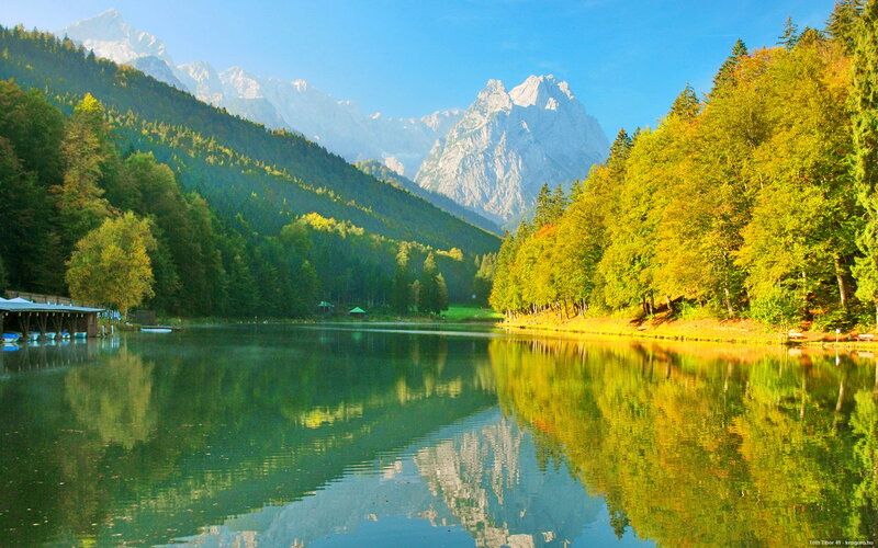 Lake with Mountain Reflection — Green, Serene, Autumn, Photograph