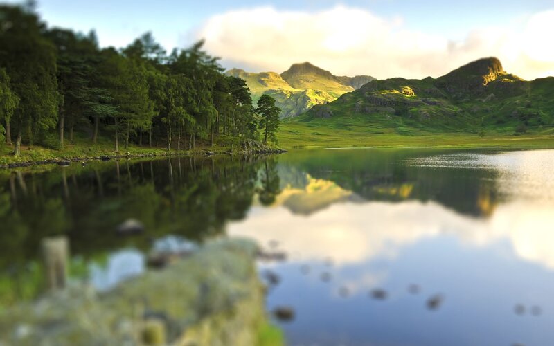 Lake with Mountain Reflection — Green, Serene, Sunset