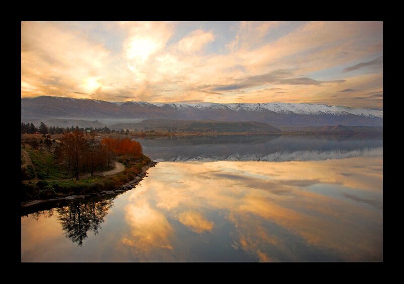 Lake with Mountain Reflection — Orange, Serene, Sunset, Photograph, Mountains