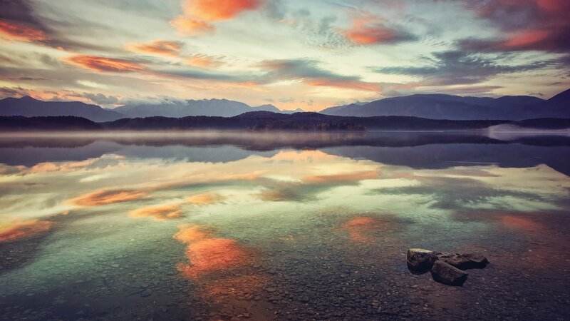 Lake with Mountain Reflection — Orange, Serene