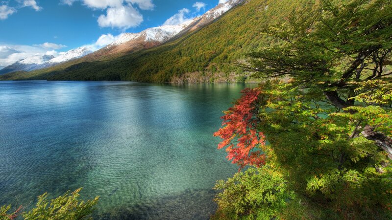 Lake with mountains and autumn trees
