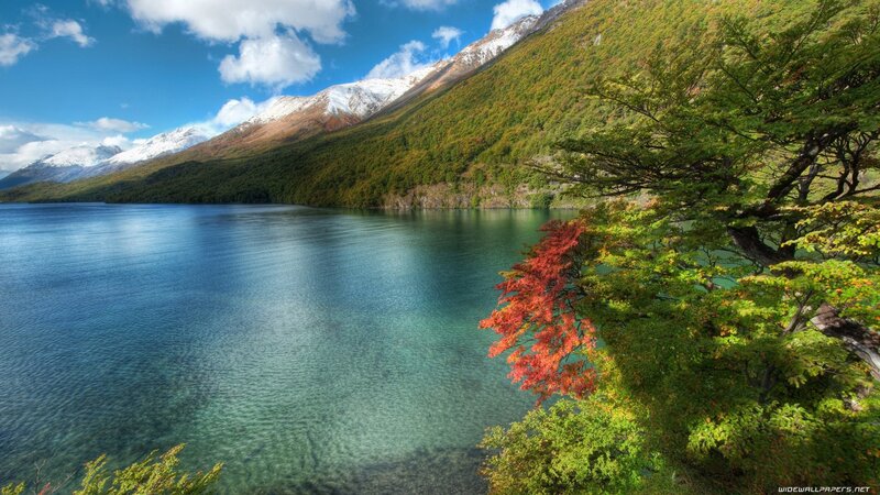 Lake with mountains and autumn trees