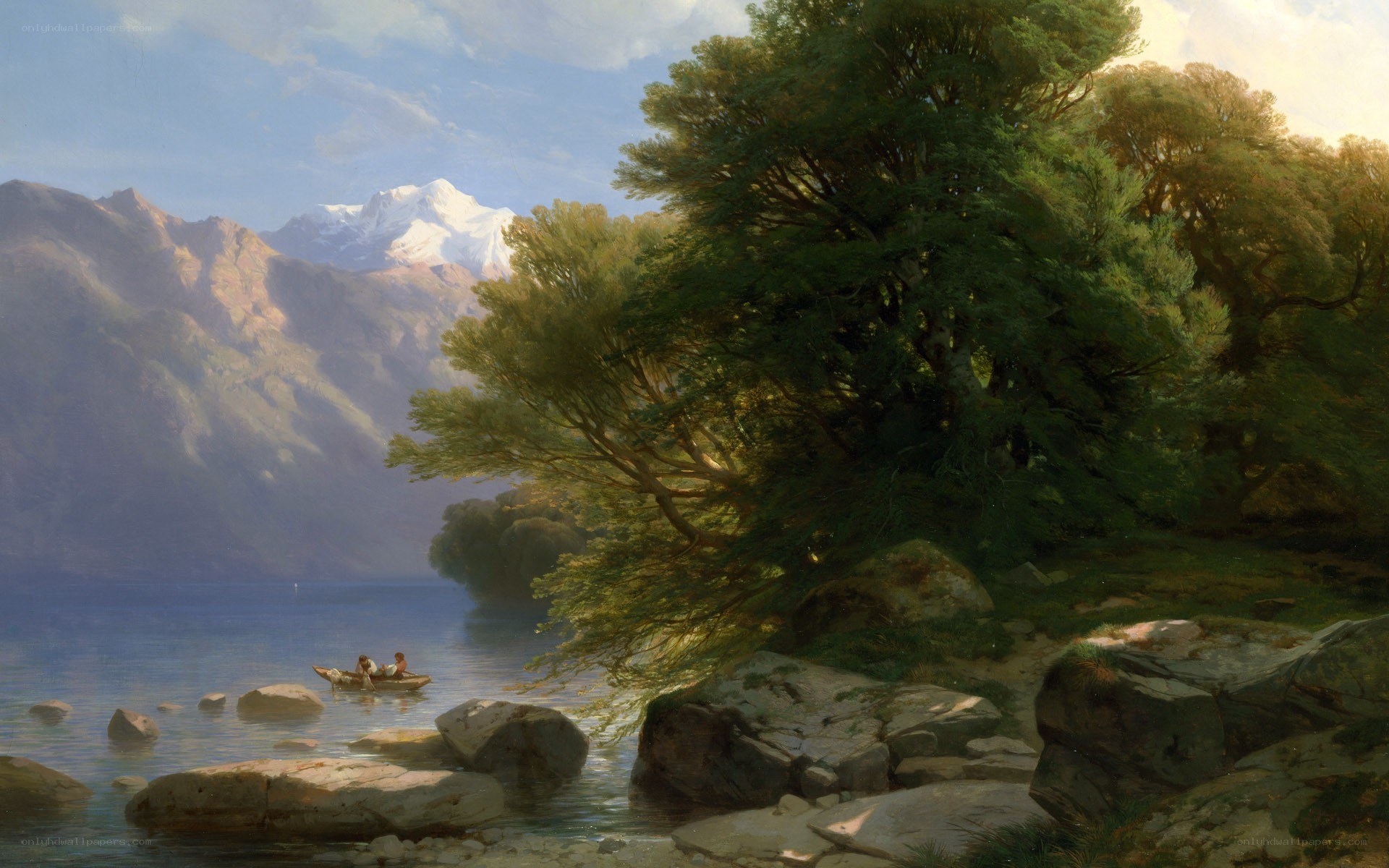 Lake with mountains and boat