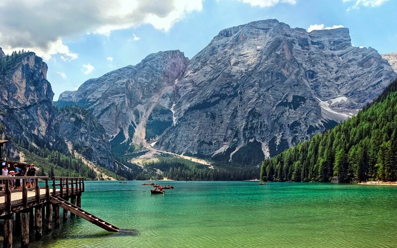 Lake with mountains and boats