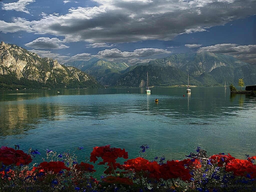 Lake with mountains and flowers