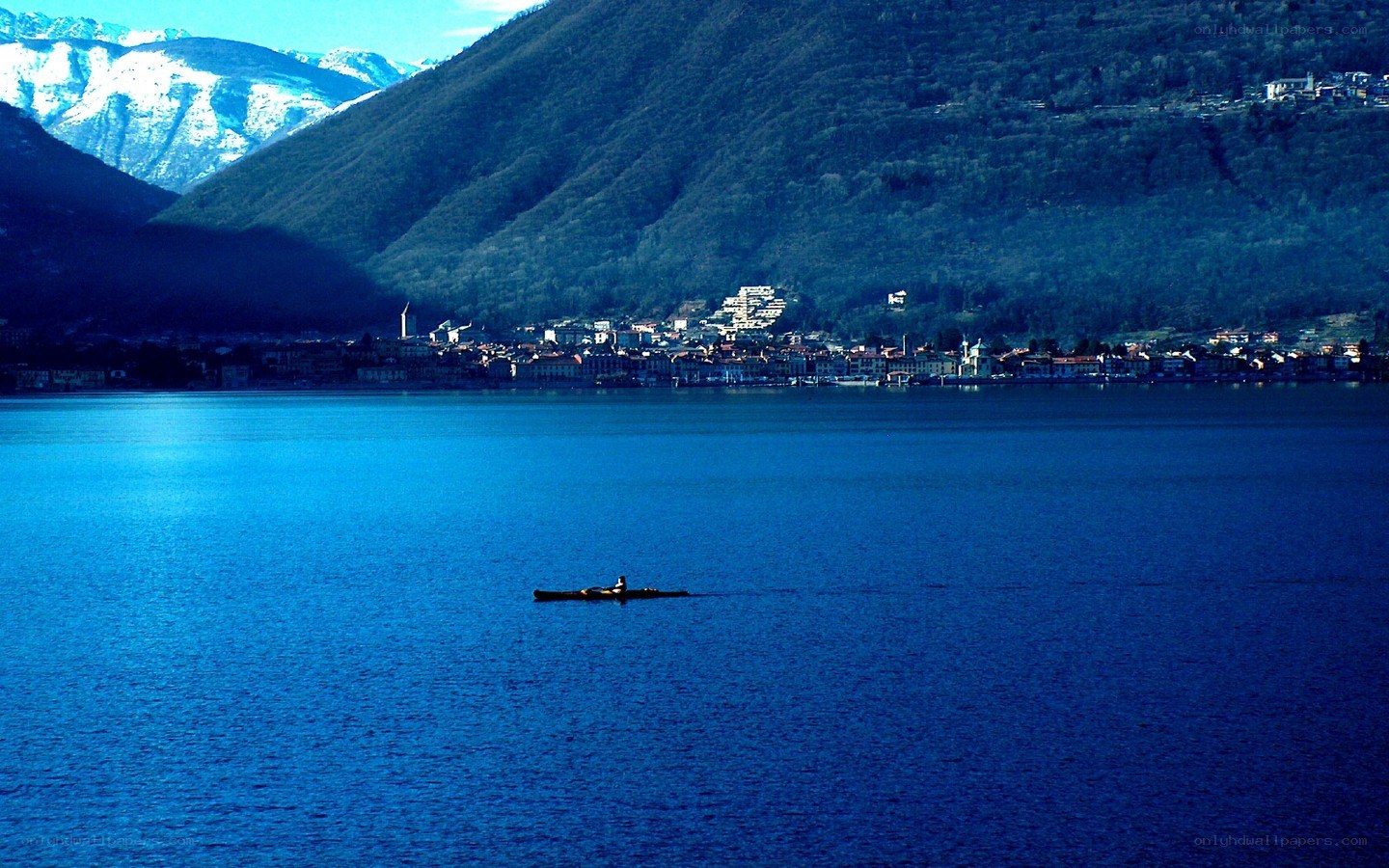 Lake with mountains and town