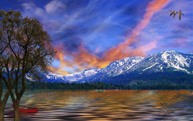 Lake with mountains at sunset
