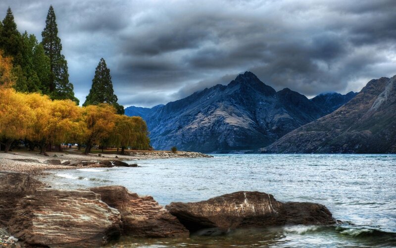 Lake with Mountains — Blue, Dramatic, Autumn, Photograph