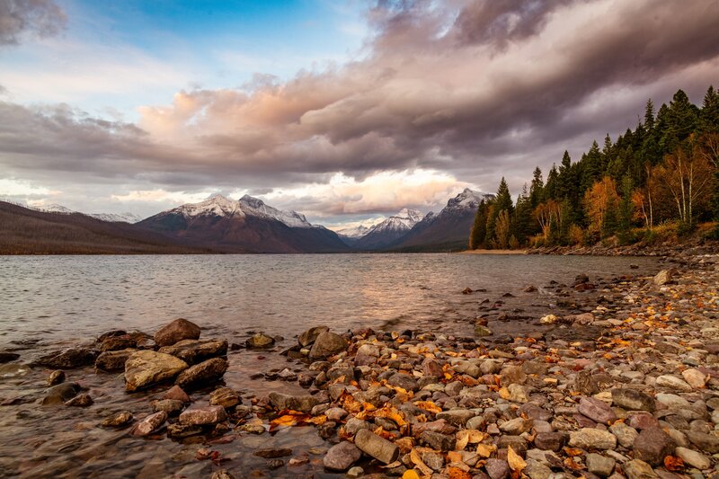 Lake with Mountains — Blue, Dramatic, Sunset, Photograph, Trees