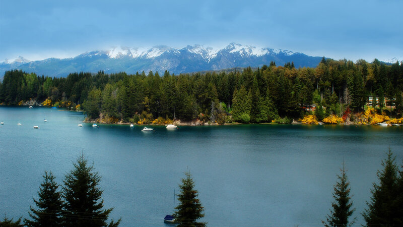 Lake with Mountains — Blue, Serene, Afternoon, Photograph, Boats, Trees