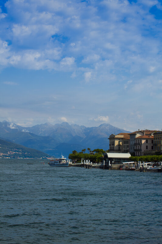 Lake with Mountains — Blue, Serene, Afternoon, Photograph, Buildings