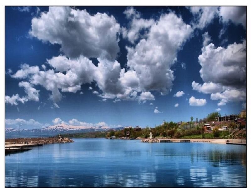 Lake with Mountains — Blue, Serene, Afternoon, Photograph, Clouds, Buildings