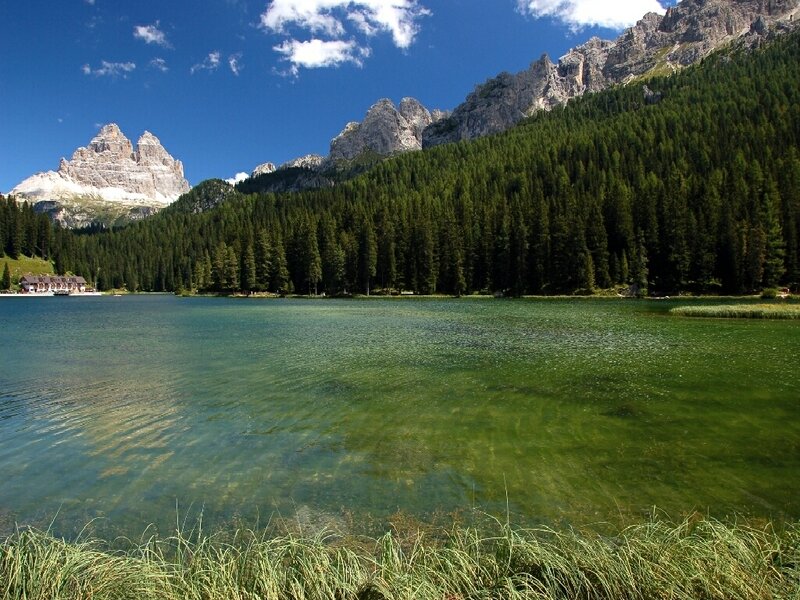Lake with Mountains — Blue, Serene, Afternoon, Photograph, Forest, Building