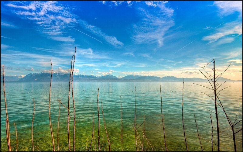 Lake with Mountains — Blue, Serene, Afternoon, Photograph, Sky