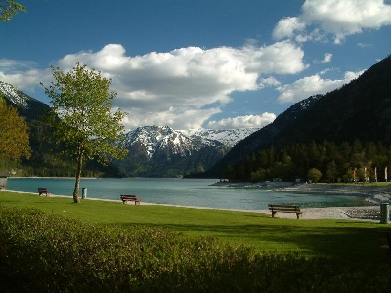 Lake with Mountains — Blue, Serene, Afternoon, Photograph, Trees, Benches