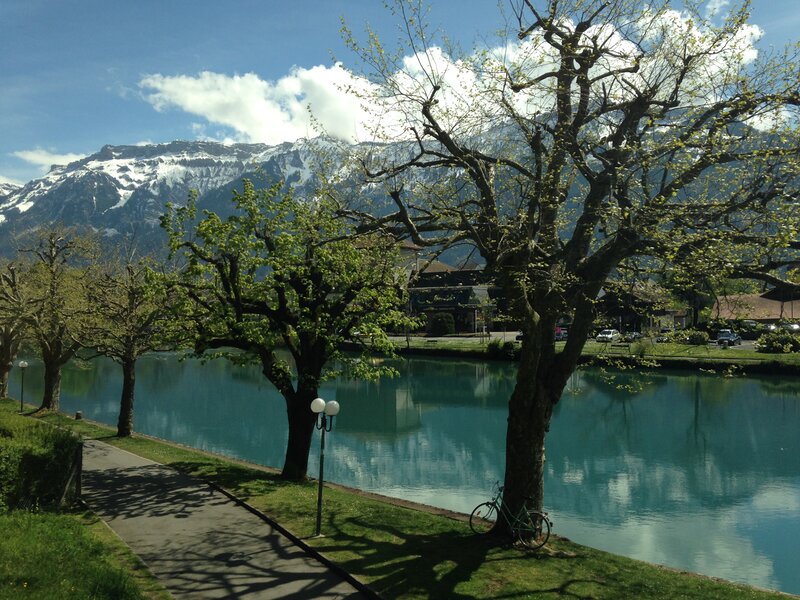 Lake with Mountains — Blue, Serene, Afternoon, Photograph, Trees, Bicycle