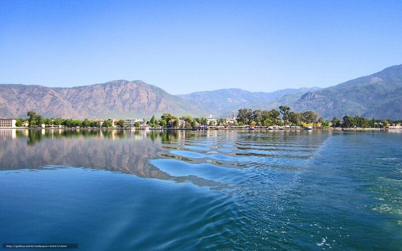 Lake with Mountains — Blue, Serene, Afternoon, Photograph, Trees, Buildings
