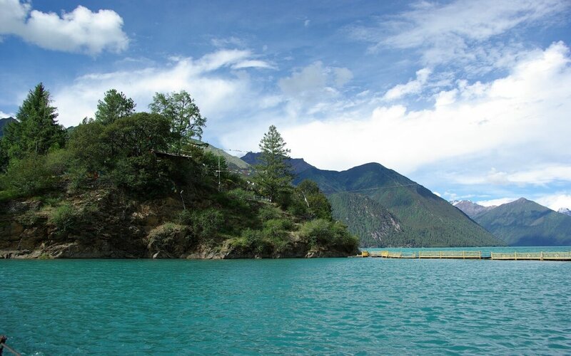 Lake with Mountains — Blue, Serene, Afternoon, Photograph, Trees, Dock, Green, White