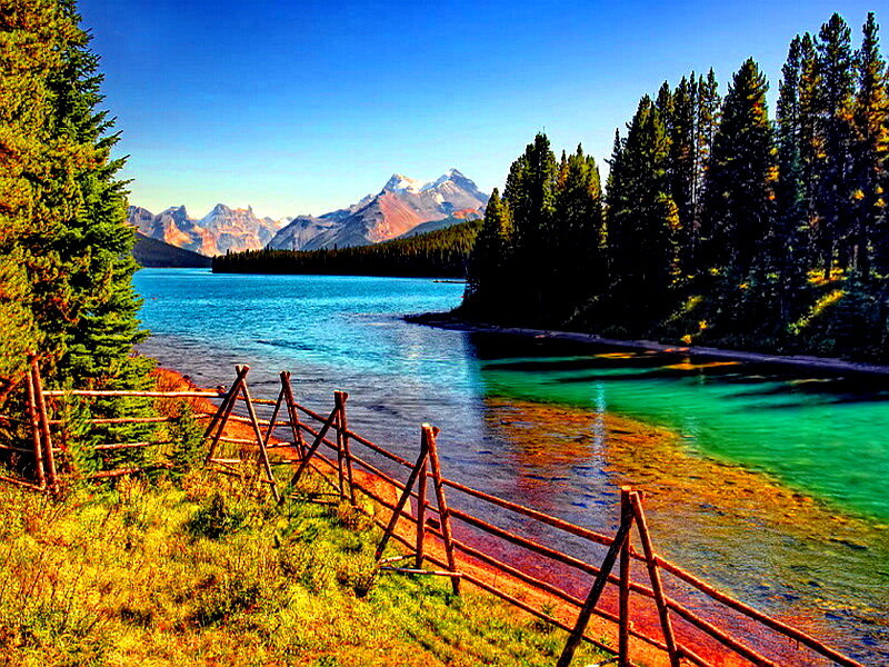 Lake with Mountains — Blue, Serene, Afternoon, Photograph, Trees, Fence