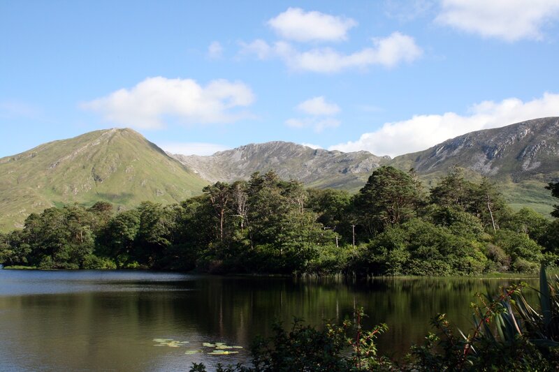 Lake with Mountains — Blue, Serene, Afternoon, Photograph, Trees, Lily Pads