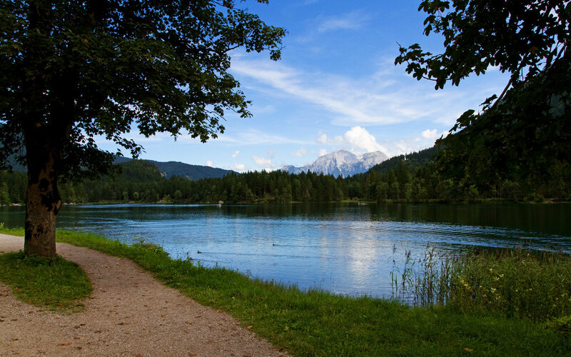 Lake with Mountains — Blue, Serene, Afternoon, Photograph, Trees, Path