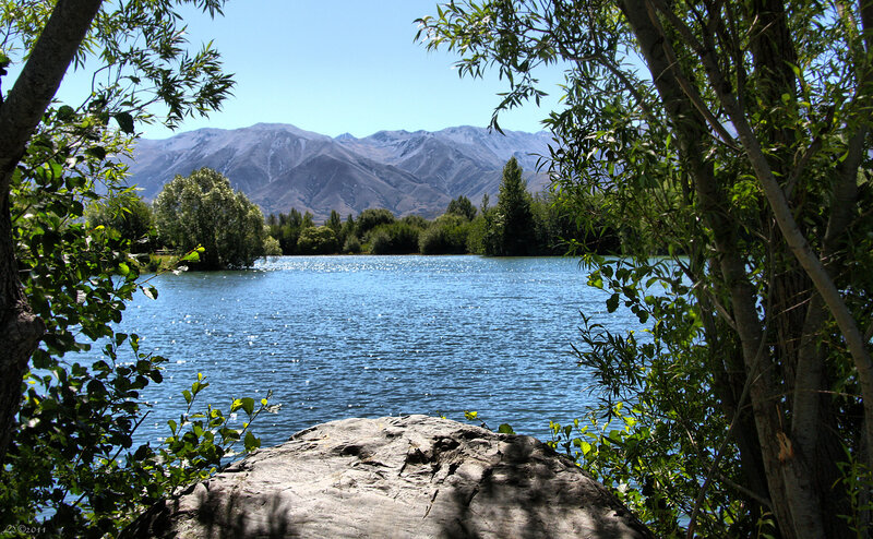 Lake with Mountains — Blue, Serene, Afternoon, Photograph, Trees, Rock
