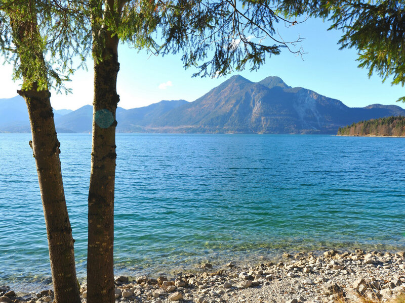Lake with Mountains — Blue, Serene, Afternoon, Photograph, Trees, Rocks, Sky