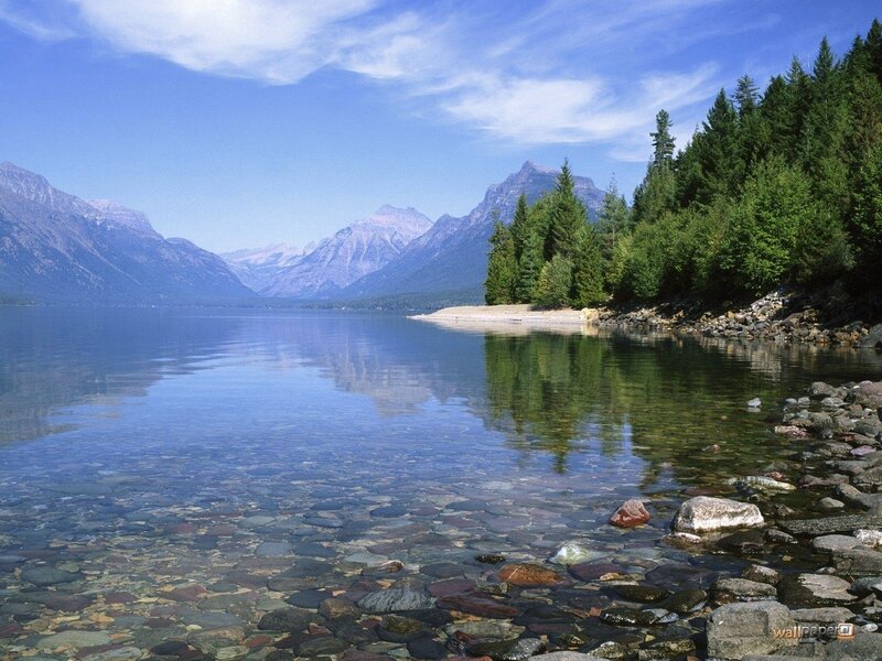 Lake with Mountains — Blue, Serene, Afternoon, Photograph, Trees, Rocks