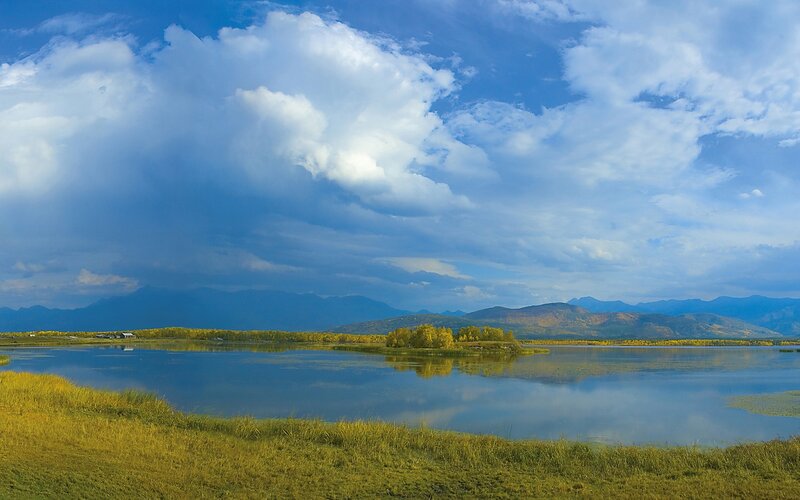 Lake with Mountains — Blue, Serene, Afternoon, Photograph, Trees, Sky, Green, Yellow