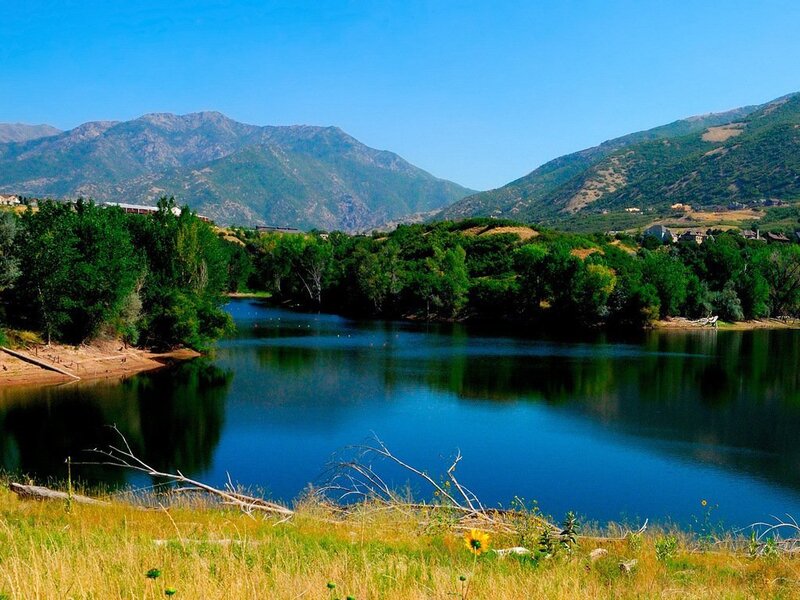Lake with Mountains — Blue, Serene, Afternoon, Photograph, Trees, Sunflower